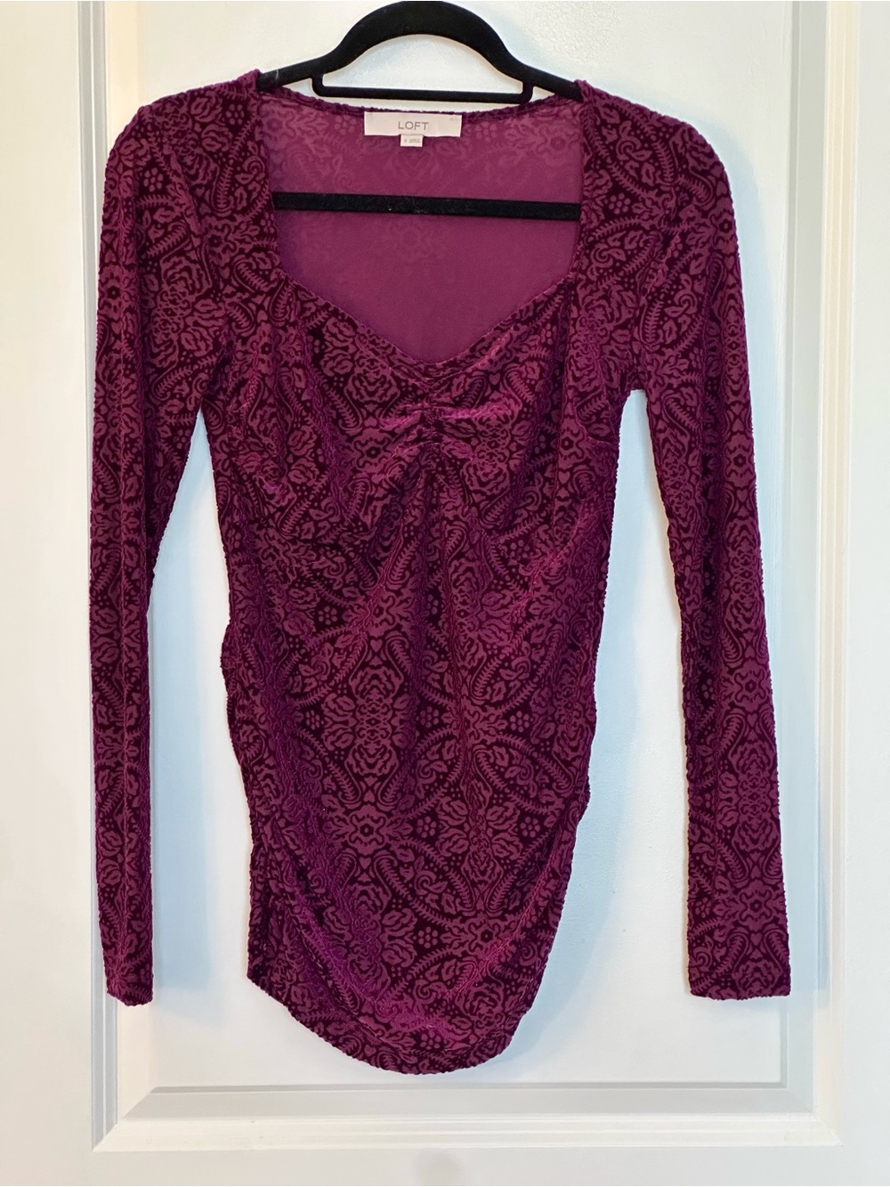 LOFT Long-Sleeve Velvet Burnout Top in Plum